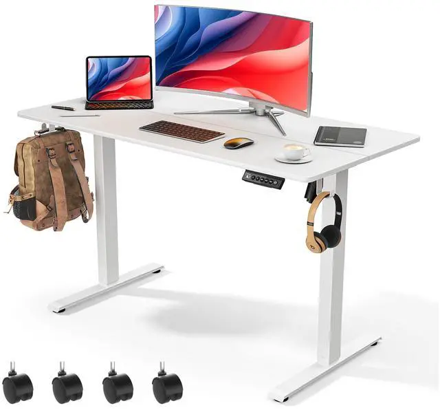Main image of 48 x 24 Inch Electric Standing Desk with 4 Wheels, Height Adjustable Desk for Home Office, Sit Stand Desk with 4 Memory Presets, Headphone Hooks and Cable Clips, Splice Board White