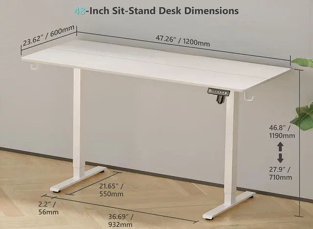 Alt view image 3 of 7 - 48 x 24 Inch Electric Standing Desk with 4 Wheels, Height Adjustable Desk for Home Office, Sit Stand Desk with 4 Memory Presets, Headphone Hooks and Cable Clips, Splice Board White