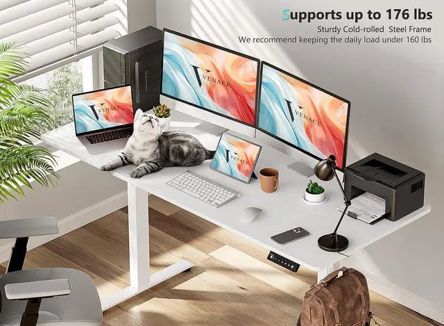 Alt view image 4 of 7 - 48 x 24 Inch Electric Standing Desk with 4 Wheels, Height Adjustable Desk for Home Office, Sit Stand Desk with 4 Memory Presets, Headphone Hooks and Cable Clips, Splice Board White