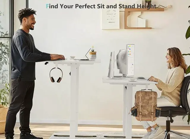 Alt view image 5 of 7 - 48 x 24 Inch Electric Standing Desk with 4 Wheels, Height Adjustable Desk for Home Office, Sit Stand Desk with 4 Memory Presets, Headphone Hooks and Cable Clips, Splice Board White