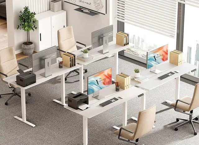 Alt view image 2 of 7 - 48 x 24 Inch Electric Standing Desk with 4 Wheels, Height Adjustable Desk for Home Office, Sit Stand Desk with 4 Memory Presets, Headphone Hooks and Cable Clips, Splice Board White