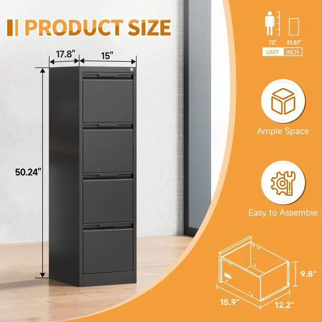 Alt view image 2 of 6 - 4-Drawer Metal File Cabinet with Lock,Steel Printer Stand with Storage for Home Office,Vertical Filing Cabinet for Legal/Letter/A4 Files,Assembly Required(15''W-4 Drawers,Black)