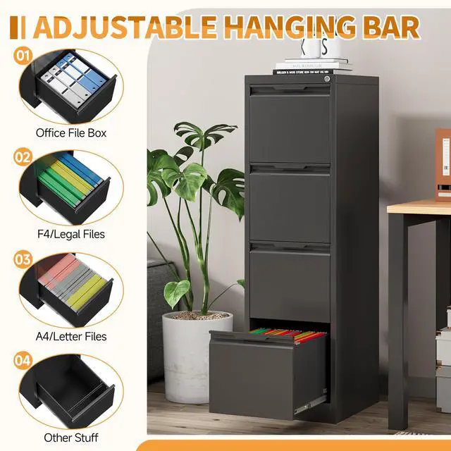 Alt view image 3 of 6 - 4-Drawer Metal File Cabinet with Lock,Steel Printer Stand with Storage for Home Office,Vertical Filing Cabinet for Legal/Letter/A4 Files,Assembly Required(15''W-4 Drawers,Black)