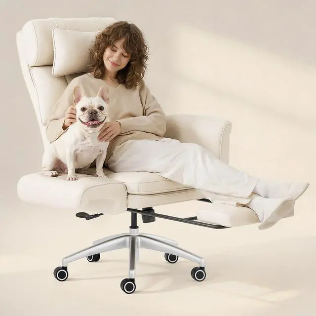 Main image of Oversized Lounge Chair Indoor with Convertible Seat Width up to 44in Wheels Footrest 180° Flip Armrests, Chairs for Living Room Study Working Relaxing, Scratch-Resistant Leather, Beige White