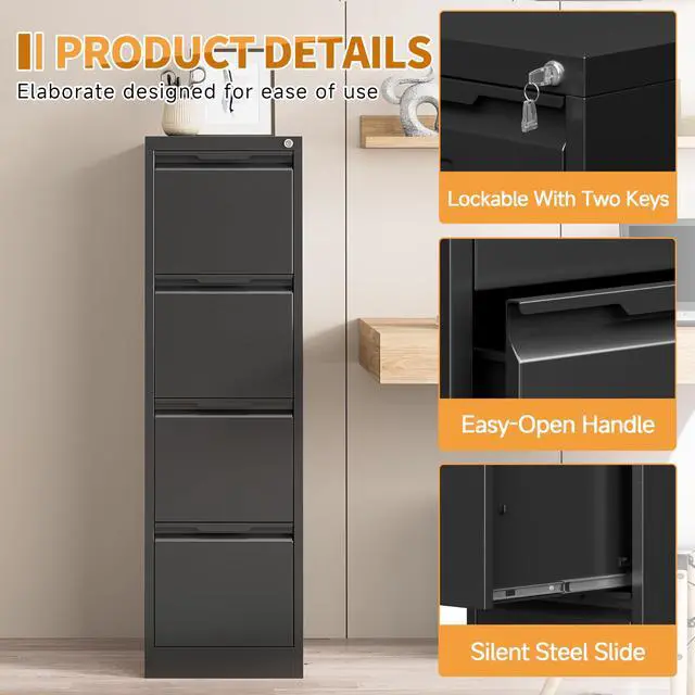 Alt view image 4 of 6 - 4-Drawer Metal File Cabinet with Lock,Steel Printer Stand with Storage for Home Office,Vertical Filing Cabinet for Legal/Letter/A4 Files,Assembly Required(15''W-4 Drawers,Black)