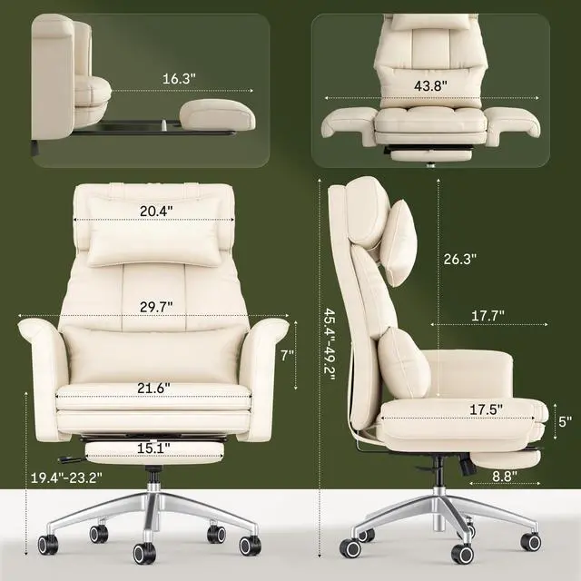 Alt view image 2 of 6 - Oversized Lounge Chair Indoor with Convertible Seat Width up to 44in Wheels Footrest 180° Flip Armrests, Chairs for Living Room Study Working Relaxing, Scratch-Resistant Leather, Beige White
