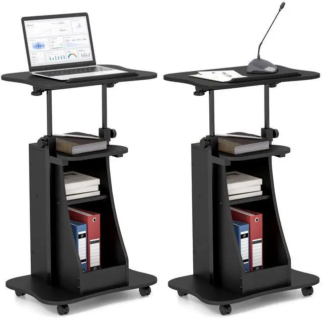 Main image of Mobile Podium Stand Set of 2, Height Adjustable Laptop Cart with Tilting Tabletop & Storage Compartments, Rolling Lectern with Lockable Casters for Classroom, Church, Home Office, Black