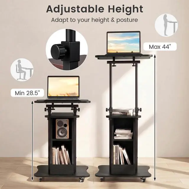 Alt view image 2 of 7 - Mobile Podium Stand Set of 2, Height Adjustable Laptop Cart with Tilting Tabletop & Storage Compartments, Rolling Lectern with Lockable Casters for Classroom, Church, Home Office, Black