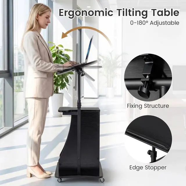 Alt view image 3 of 7 - Mobile Podium Stand Set of 2, Height Adjustable Laptop Cart with Tilting Tabletop & Storage Compartments, Rolling Lectern with Lockable Casters for Classroom, Church, Home Office, Black