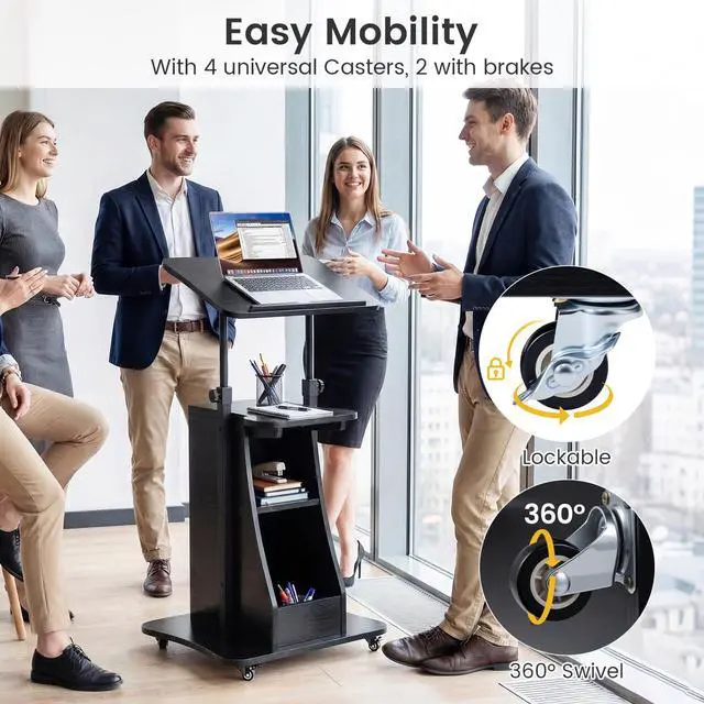 Alt view image 4 of 7 - Mobile Podium Stand Set of 2, Height Adjustable Laptop Cart with Tilting Tabletop & Storage Compartments, Rolling Lectern with Lockable Casters for Classroom, Church, Home Office, Black