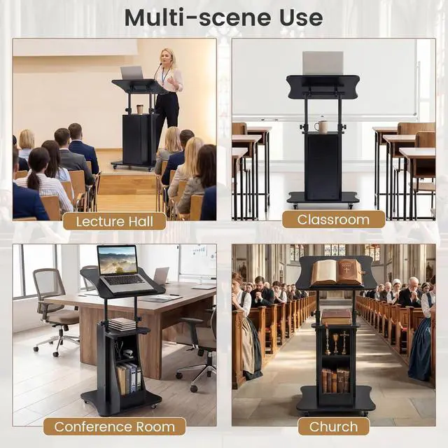 Alt view image 5 of 7 - Mobile Podium Stand Set of 2, Height Adjustable Laptop Cart with Tilting Tabletop & Storage Compartments, Rolling Lectern with Lockable Casters for Classroom, Church, Home Office, Black