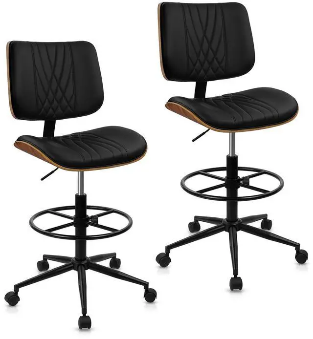 Main image of Drafting Chair for Standing Desk, PU Leather Armless Tall Office Chairs with Adjustable Footrest Ring, Extended Height Ergonomic High Swivel Computer Chair with Bend Wood Backrest, Black, 2PK