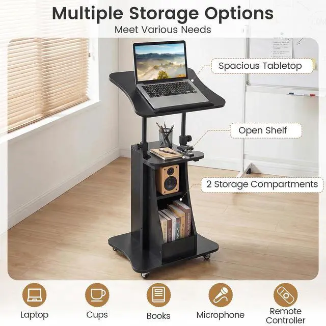 Alt view image 7 of 7 - Mobile Podium Stand Set of 2, Height Adjustable Laptop Cart with Tilting Tabletop & Storage Compartments, Rolling Lectern with Lockable Casters for Classroom, Church, Home Office, Black