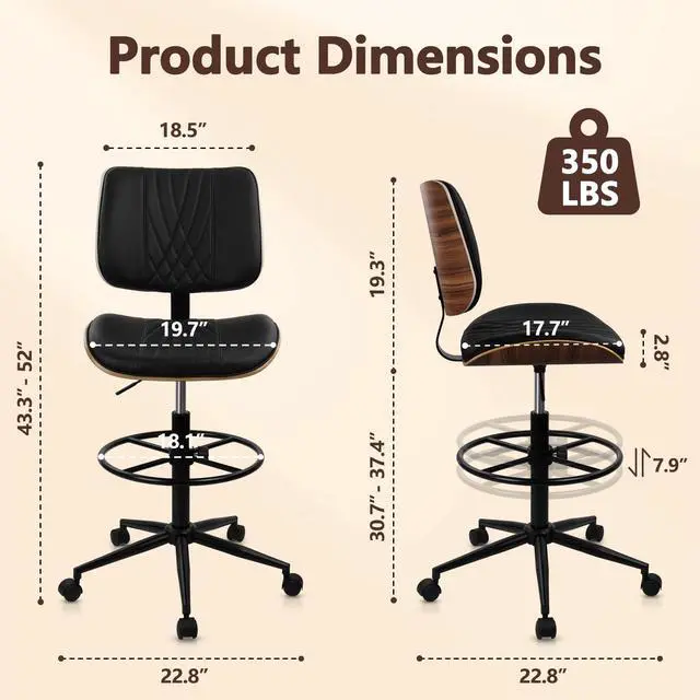 Alt view image 3 of 7 - Drafting Chair for Standing Desk, PU Leather Armless Tall Office Chairs with Adjustable Footrest Ring, Extended Height Ergonomic High Swivel Computer Chair with Bend Wood Backrest, Black, 2PK