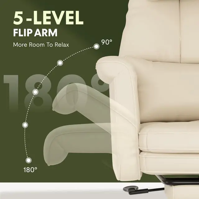 Alt view image 6 of 6 - Oversized Lounge Chair Indoor with Convertible Seat Width up to 44in Wheels Footrest 180° Flip Armrests, Chairs for Living Room Study Working Relaxing, Scratch-Resistant Leather, Beige White