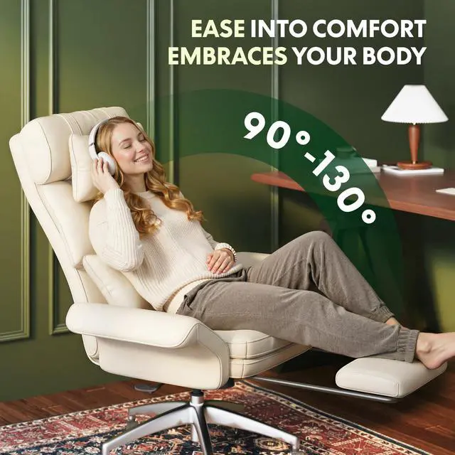 Alt view image 5 of 6 - Oversized Lounge Chair Indoor with Convertible Seat Width up to 44in Wheels Footrest 180° Flip Armrests, Chairs for Living Room Study Working Relaxing, Scratch-Resistant Leather, Beige White