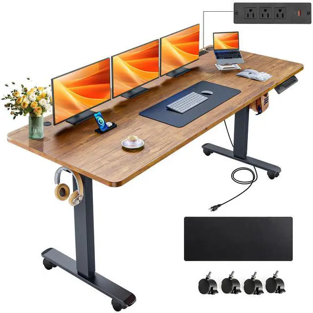 Main image of Electric Standing Desk 63 x 24In with Power Outlets,Rolling Stand up Desk with Mouse Pad,Wheels2 USB Ports & 3 Power Outlets, 4 Caster, 4 Preset Heights Easy to Set for Home Office(Brown)