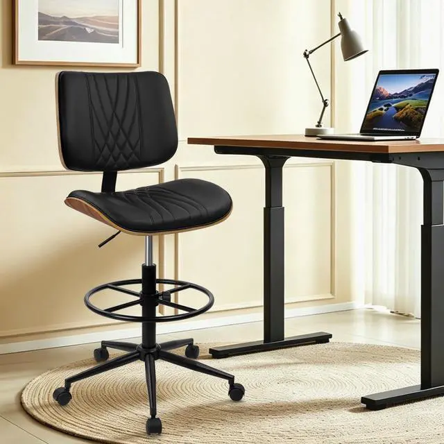 Alt view image 2 of 7 - Drafting Chair for Standing Desk, PU Leather Armless Tall Office Chairs with Adjustable Footrest Ring, Extended Height Ergonomic High Swivel Computer Chair with Bend Wood Backrest, Black, 2PK