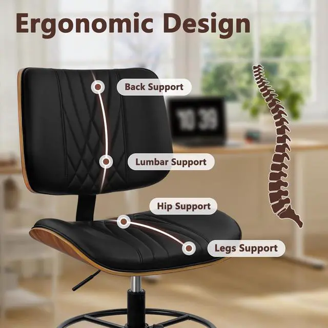Alt view image 4 of 7 - Drafting Chair for Standing Desk, PU Leather Armless Tall Office Chairs with Adjustable Footrest Ring, Extended Height Ergonomic High Swivel Computer Chair with Bend Wood Backrest, Black, 2PK