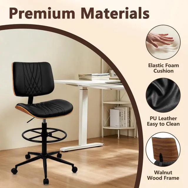Alt view image 5 of 7 - Drafting Chair for Standing Desk, PU Leather Armless Tall Office Chairs with Adjustable Footrest Ring, Extended Height Ergonomic High Swivel Computer Chair with Bend Wood Backrest, Black, 2PK