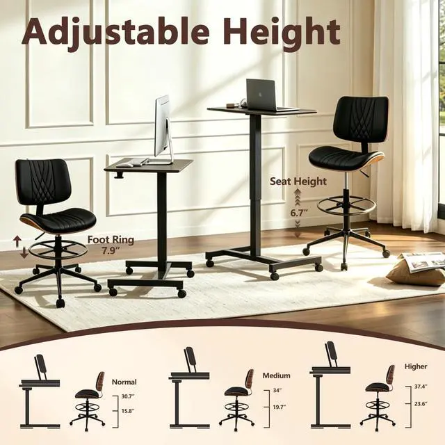Alt view image 6 of 7 - Drafting Chair for Standing Desk, PU Leather Armless Tall Office Chairs with Adjustable Footrest Ring, Extended Height Ergonomic High Swivel Computer Chair with Bend Wood Backrest, Black, 2PK