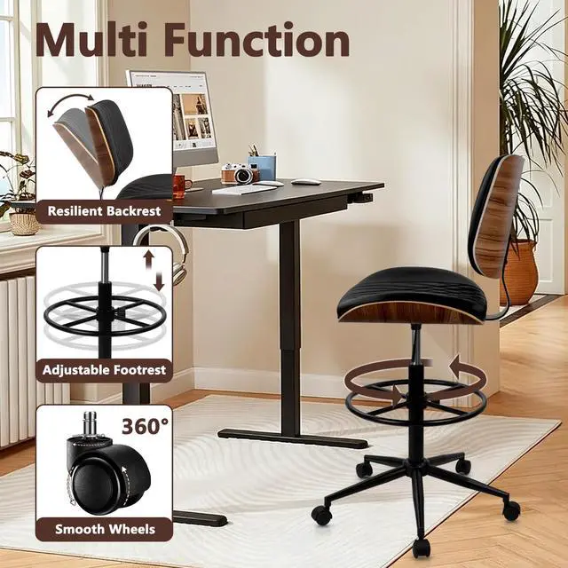 Alt view image 7 of 7 - Drafting Chair for Standing Desk, PU Leather Armless Tall Office Chairs with Adjustable Footrest Ring, Extended Height Ergonomic High Swivel Computer Chair with Bend Wood Backrest, Black, 2PK