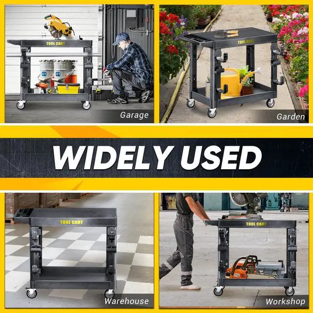Alt view image 6 of 6 - 1000lbs Heavy Duty Plastic Utility Cart 46 x 25 Inch-Heavy Work Rolling Cart with Upgraded Side Tube Holder Hooks, 2 Tier Service Cart with Full Swivel Wheel for Warehouse,Garage,Cleaning,Black