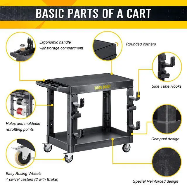 Alt view image 3 of 6 - 1000lbs Heavy Duty Plastic Utility Cart 46 x 25 Inch-Heavy Work Rolling Cart with Upgraded Side Tube Holder Hooks, 2 Tier Service Cart with Full Swivel Wheel for Warehouse,Garage,Cleaning,Black