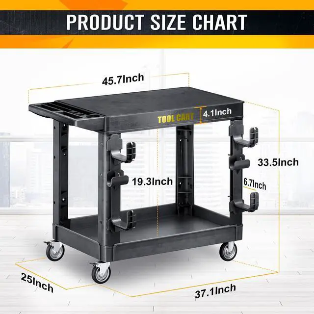 Alt view image 2 of 6 - 1000lbs Heavy Duty Plastic Utility Cart 46 x 25 Inch-Heavy Work Rolling Cart with Upgraded Side Tube Holder Hooks, 2 Tier Service Cart with Full Swivel Wheel for Warehouse,Garage,Cleaning,Black