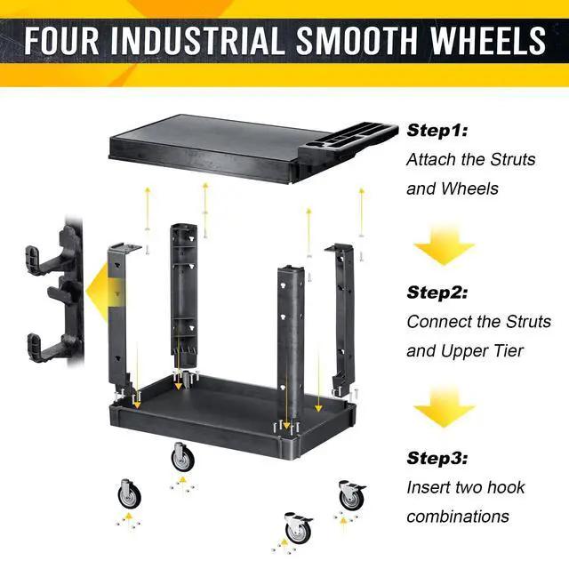 Alt view image 4 of 6 - 1000lbs Heavy Duty Plastic Utility Cart 46 x 25 Inch-Heavy Work Rolling Cart with Upgraded Side Tube Holder Hooks, 2 Tier Service Cart with Full Swivel Wheel for Warehouse,Garage,Cleaning,Black