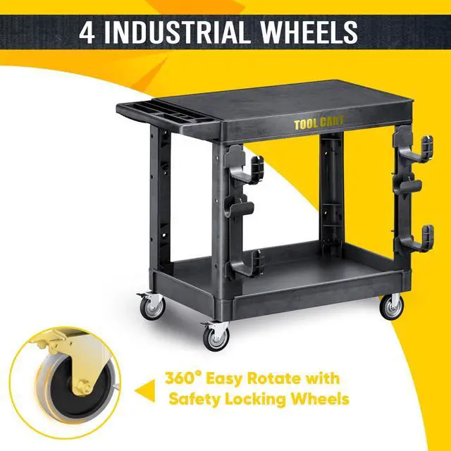 Alt view image 5 of 6 - 1000lbs Heavy Duty Plastic Utility Cart 46 x 25 Inch-Heavy Work Rolling Cart with Upgraded Side Tube Holder Hooks, 2 Tier Service Cart with Full Swivel Wheel for Warehouse,Garage,Cleaning,Black