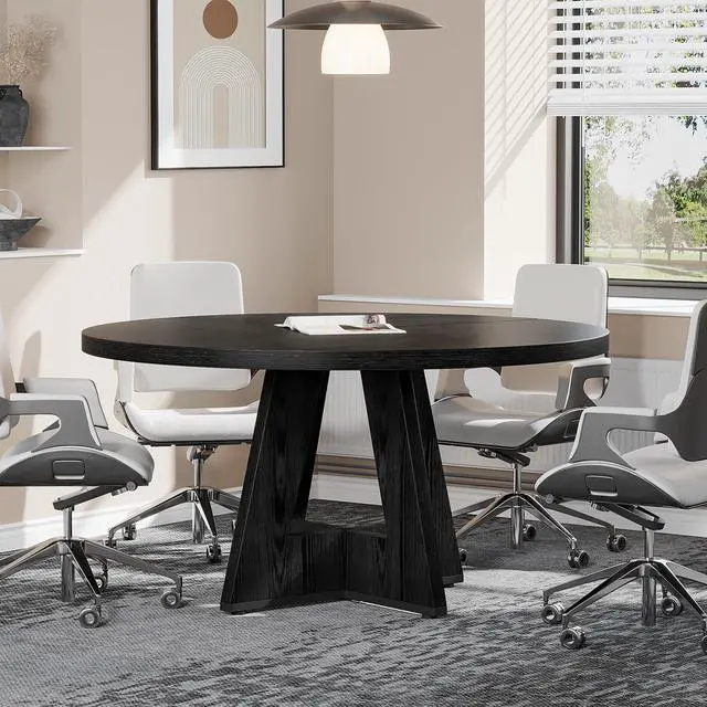 Main image of 47-Inch Round Conference Table for 4-6 People, Wooden Meeting Room Table with Thicken Tabletop and Wood Base (Black)