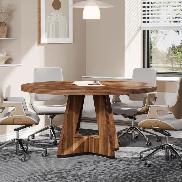 Main image of 47-Inch Round Conference Table for 4-6 People, Wooden Meeting Room Table with Thicken Tabletop and Wood Base (Walnut)