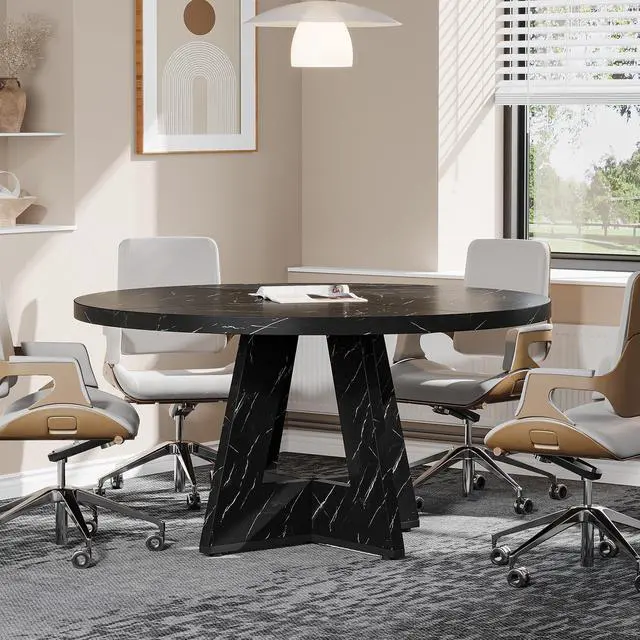 Main image of 47-Inch Round Conference Table for 4-6 People | Wooden Meeting Room Table with Thicken Tabletop and Wood Base, Marbled Wood