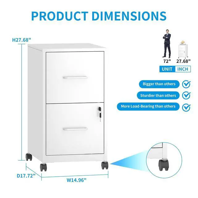 Alt view image 3 of 6 - 2-Drawer Mobile File Cabinet with Lock and Wheels | Under Desk Vertical Filing Cabinets Steel Rolling Storage Cabinet for Home Office Letter Files, Require Assembly