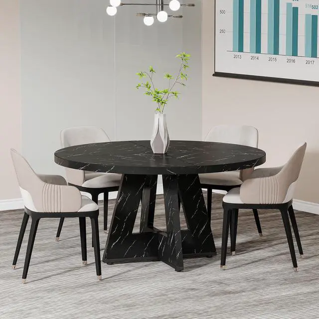 Alt view image 3 of 6 - 47-Inch Round Conference Table for 4-6 People | Wooden Meeting Room Table with Thicken Tabletop and Wood Base, Marbled Wood