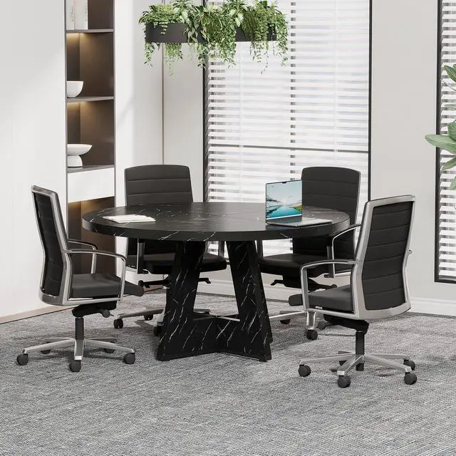 Alt view image 5 of 6 - 47-Inch Round Conference Table for 4-6 People | Wooden Meeting Room Table with Thicken Tabletop and Wood Base, Marbled Wood