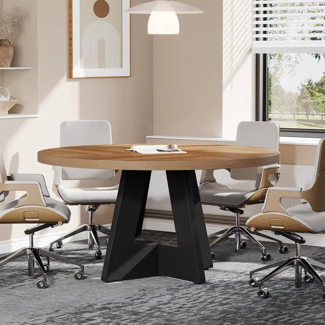 Main image of 47-Inch Round Conference Table for 4-6 People, Wooden Meeting Room Table with Thicken Tabletop and Wood Base (Black Brown)