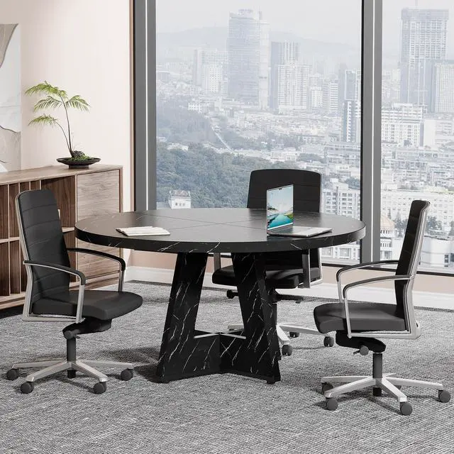 Alt view image 6 of 6 - 47-Inch Round Conference Table for 4-6 People | Wooden Meeting Room Table with Thicken Tabletop and Wood Base, Marbled Wood