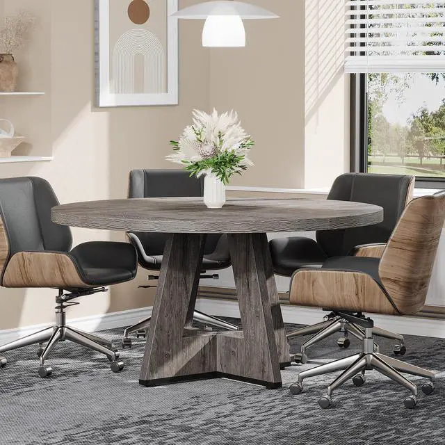 Main image of 47-Inch Round Conference Table for 4-6 People, Wooden Meeting Room Table with Thicken Tabletop and Wood Base (Grey)