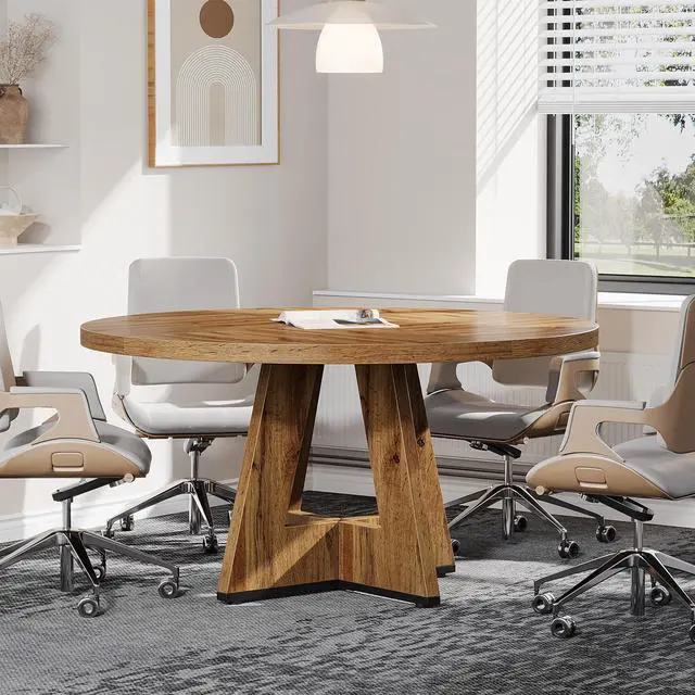 Main image of 47-Inch Round Conference Table for 4-6 People, Wooden Meeting Room Table with Thicken Tabletop and Wood Base (Wood)