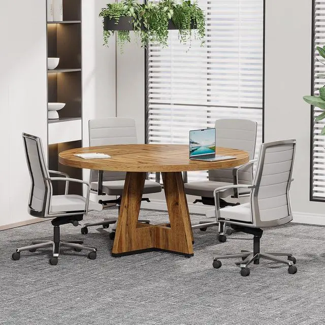 Alt view image 3 of 5 - 47-Inch Round Conference Table for 4-6 People, Wooden Meeting Room Table with Thicken Tabletop and Wood Base (Wood)