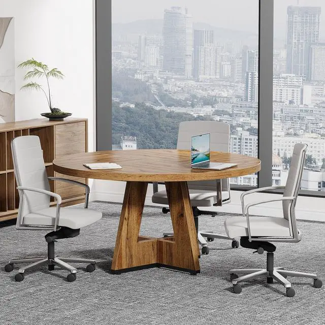 Alt view image 4 of 5 - 47-Inch Round Conference Table for 4-6 People, Wooden Meeting Room Table with Thicken Tabletop and Wood Base (Wood)