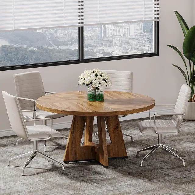 Alt view image 5 of 5 - 47-Inch Round Conference Table for 4-6 People, Wooden Meeting Room Table with Thicken Tabletop and Wood Base (Wood)