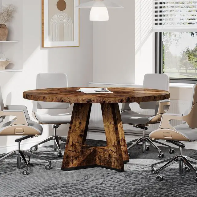 Main image of 47-Inch Round Conference Table for 4-6 People, Wooden Meeting Room Table with Thicken Tabletop and Wood Base (Dark Brown)