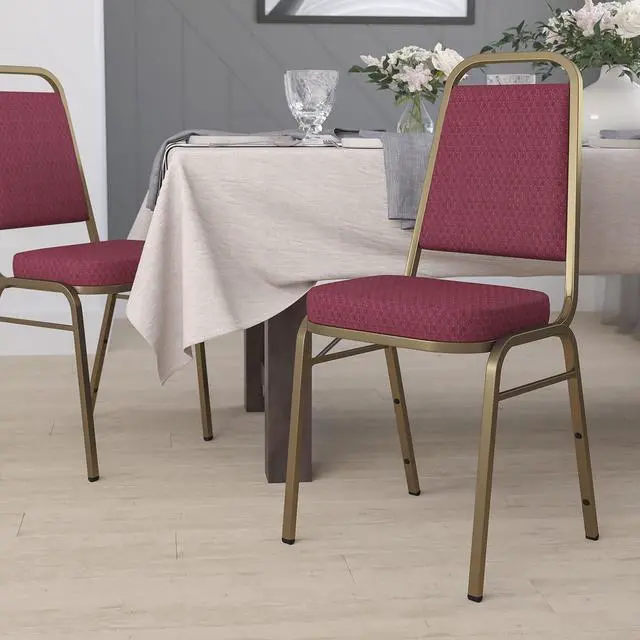 Main image of Burgundy Patterned Trapezoidal Back Stacking Banquet Chair | Gold Frame, Fabric Upholstery