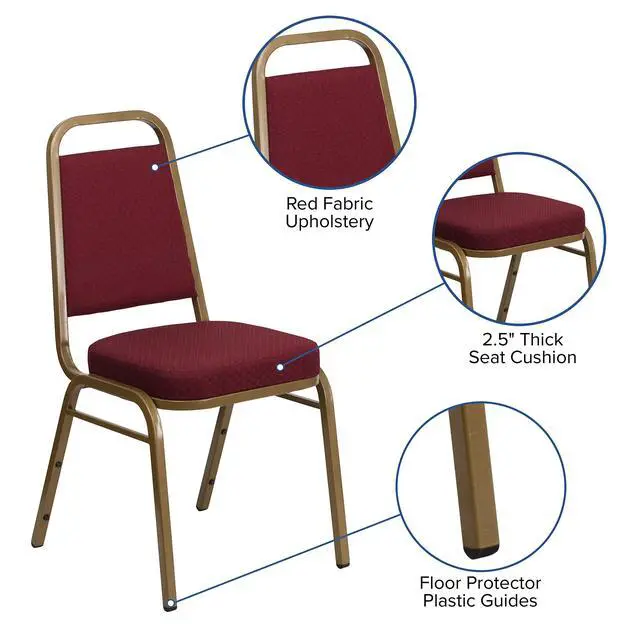 Alt view image 4 of 7 - Burgundy Patterned Trapezoidal Back Stacking Banquet Chair | Gold Frame, Fabric Upholstery