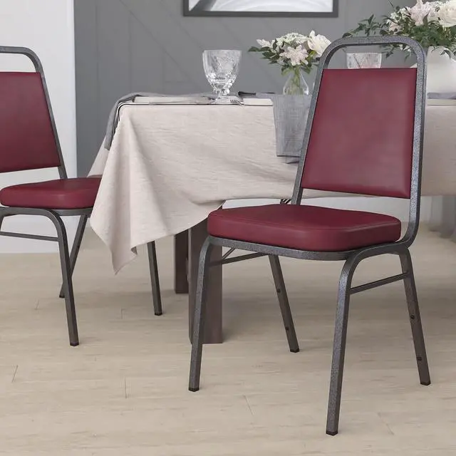 Main image of Burgundy Vinyl Trapezoidal Back Stacking Banquet Chair | Silver Vein Frame, Vinyl Upholstery