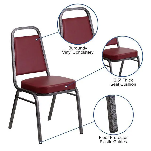 Alt view image 4 of 7 - Burgundy Vinyl Trapezoidal Back Stacking Banquet Chair | Silver Vein Frame, Vinyl Upholstery