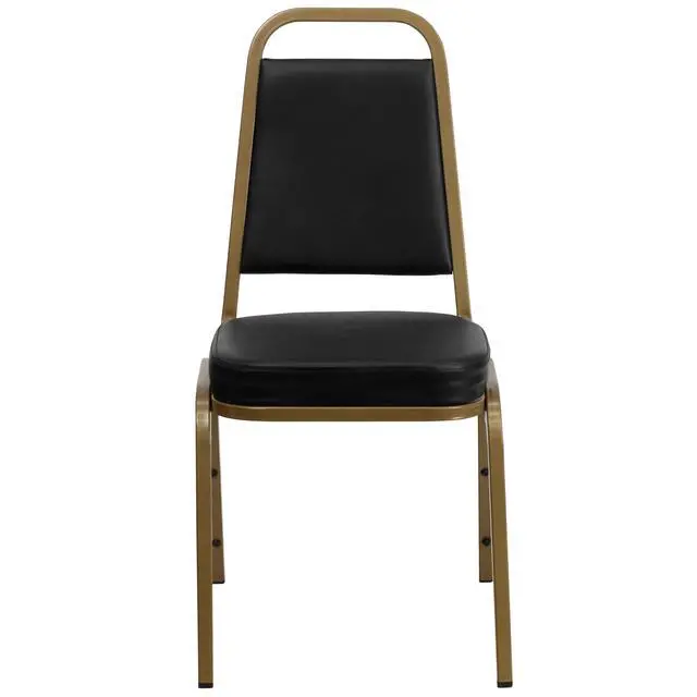 Alt view image 5 of 7 - Black Vinyl Trapezoidal Back Stacking Banquet Chair | Gold Frame, Vinyl Upholstery